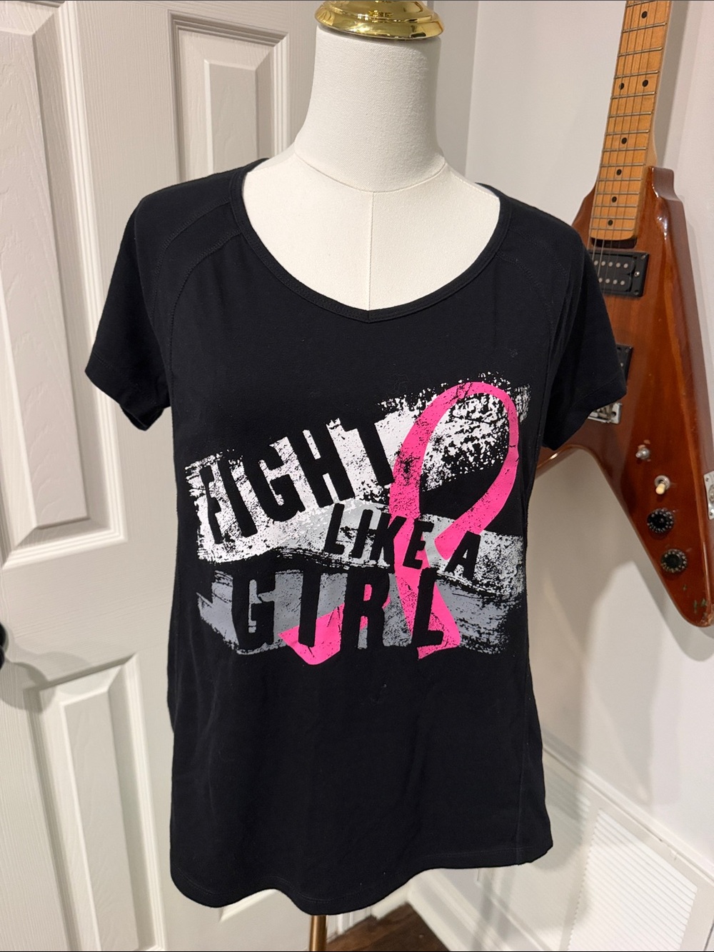 made for life Black Tee with Pink Ribbon 'Fight Like A Girl' Graphic